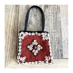 VTG aRYAN'S Mini Handbag Black Red Beaded Square Seashell Ethnic Tribal Boho